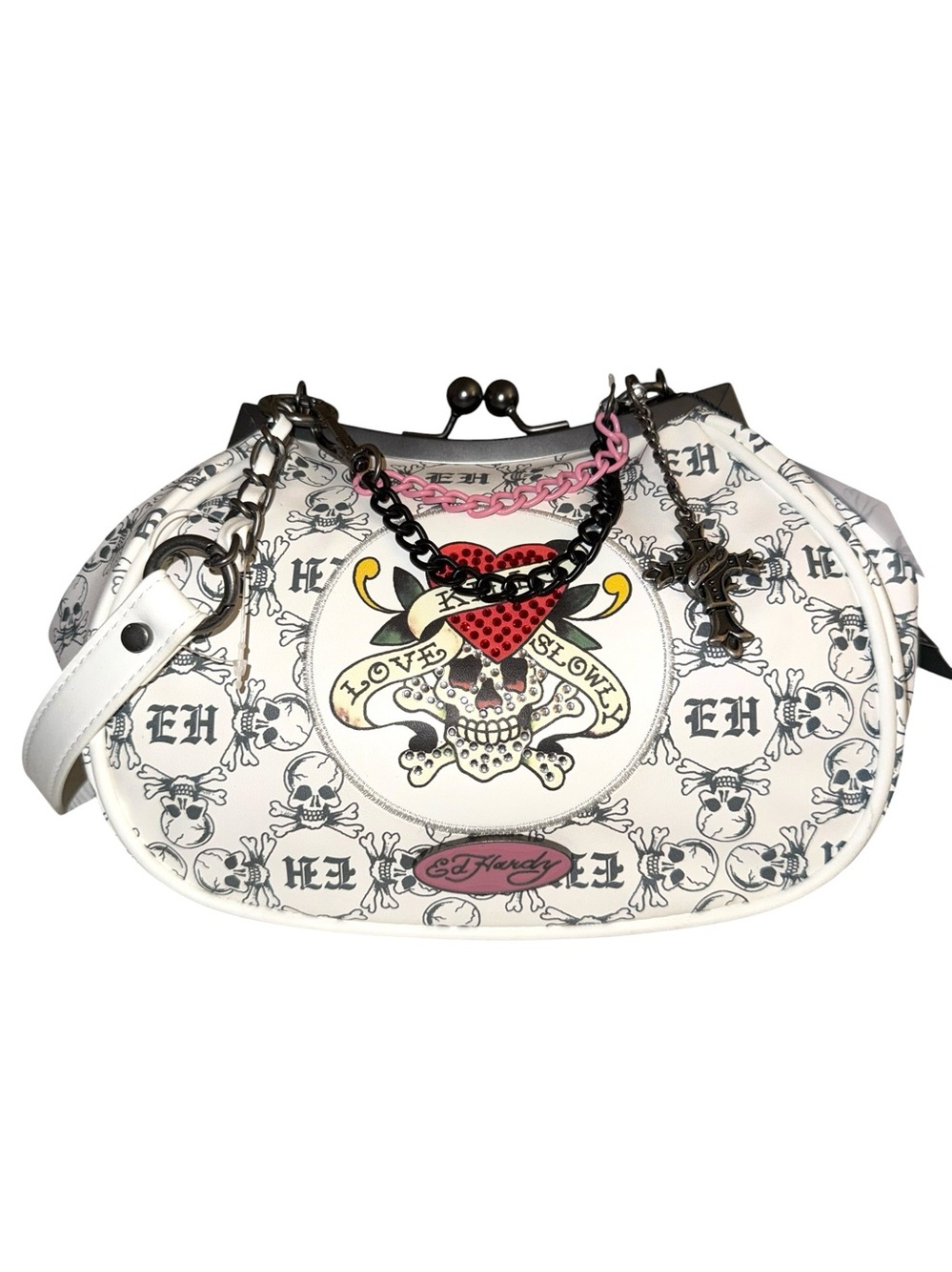 Ed Hardy White Skull & Heart Kiss-Lock Shoulder Bag with chain accents